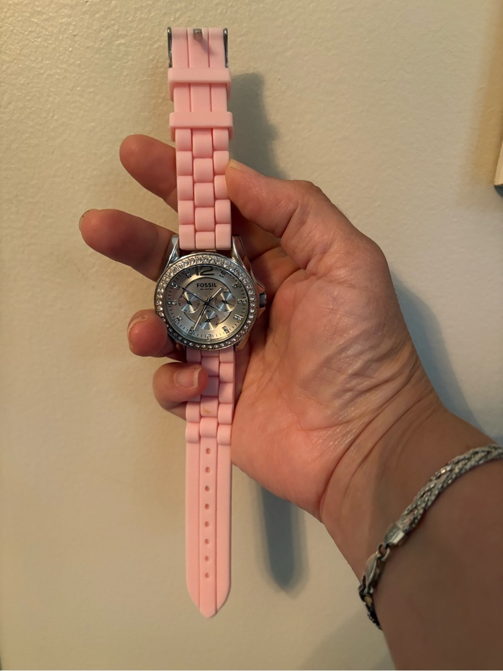 Fossil Pink Silicone Watch with Silver Crystal Bezel